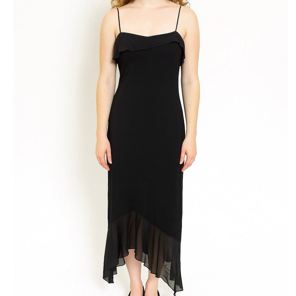 Vintage Y2K Black Slip Dress Asymmetrical Ruffle Chiffon M Stretch Party Event